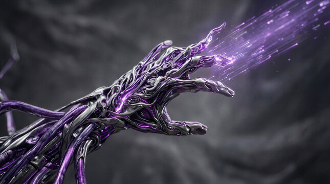 Platinum nerve ending reaching toward glowing violet data stream representing advanced cybernetic biological connectivity and futuristic digital network communication technology