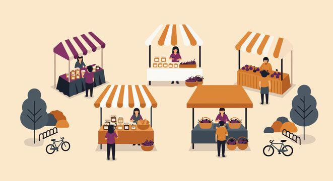 People shopping at outdoor farmers market stalls with artisan goods