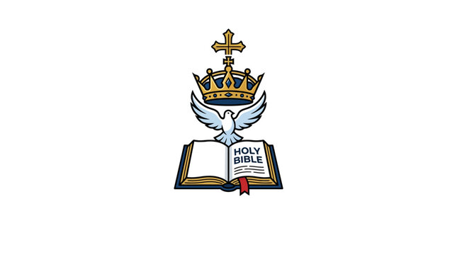 Holy Bible with crown and dove logo.