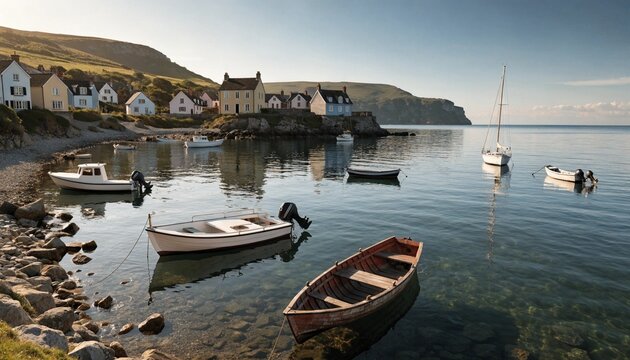 Peaceful coastal hamlet with pastel cottages above a glassy bay, small boats at anchor, rocky shore and cliffs glowing in warm morning light, idyllic seaside travel escape destination
