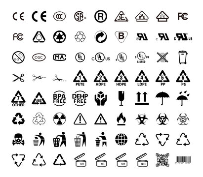 Electronic Product Packaging Icon Set &ndash; Certification, Recycling, Safety Symbols Vector