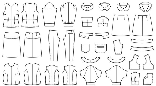 Detailed technical flat fashion sketches of garment components including pockets and collars and sleeves and skirt panels for clothing design and apparel manufacturing industry specification sheets