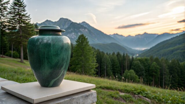 山々を望む景色の中に置かれた緑色の骨壷。自然葬と散骨のイメージ。夕暮れの風景と追悼