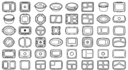 Fototapeta premium Set of various disposable plastic food containers in top view line art style for restaurant takeout and meal prep packaging design concepts isolated on white background