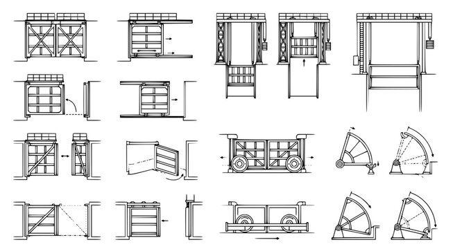 Technical illustration set of automated gate and barrier systems featuring detailed mechanical schematics for architectural engineering and industrial facility design in clean vector line art