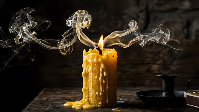 Lit rustic candle with visible flame and swirling smoke on wooden table background atmospheric spiritual meditation decorative