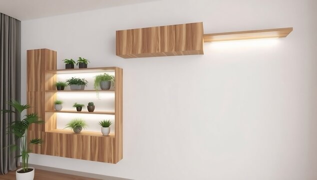Modern wooden shelf with plants on white wall with lighted ledge