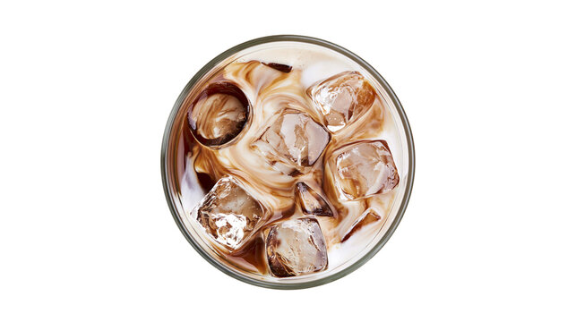 Refreshing iced coffee with swirling cream and ice cubes, isolated on transparent background