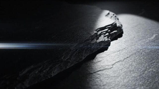 Natural light moving across a dark black slate stone surface highlighting its rough texture