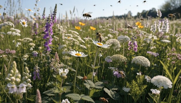Sunlit spring wildflower meadow alive with honeybees and bumblebees, dense daisies, foxgloves and native blooms in lush green grass, vibrant pollinator habitat and biodiversity scene in warm light