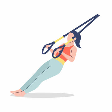 Flat design illustration of woman doing suspension training. TRX fitness workout vector graphic. Minimalist exercise scene