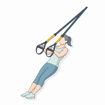 Woman doing suspension training workout. TRX fitness exercise vector illustration. Flat line art graphic