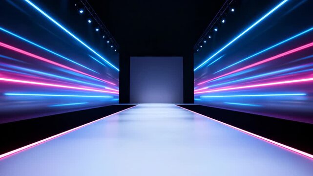Empty Fashion Runway Stage With Glowing Neon Light Stripes for Modern Product Showcase and High Tech Presentation Event Background