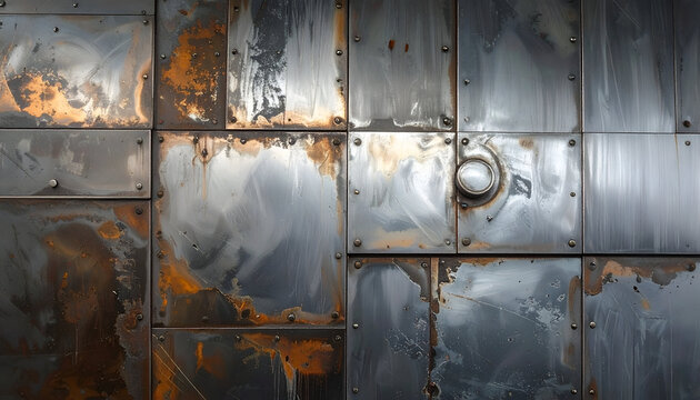 Weathered metal panel grid, showing rust and weld details, with a central protruding element