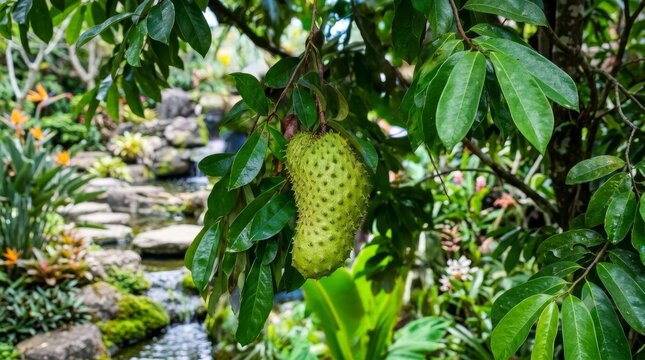 Fresh green soursop fruit hanging on a tree branch in a tropical garden