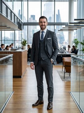 Smiling young White businessman in a grey three-piece suit standing in a modern corporate office background, exuding a confident and professional mood.