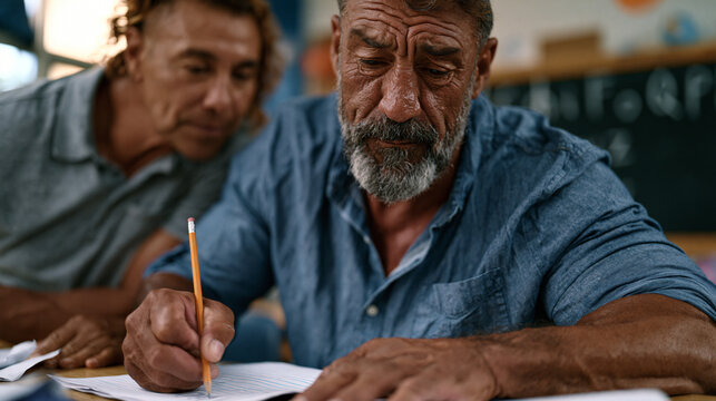 adult male literacy learner practicing handwriting at a community center evening class, pencil gripped with focused effort over lined paper, a tutor leaning in patiently from the adjacent chair, cha