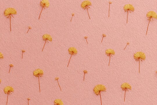 Geometric Dandelion Seed Seamless Pattern on Dusty Pink Paper Texture