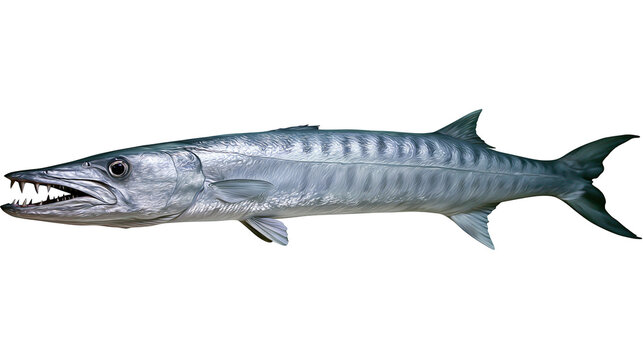 Great barracuda with sharp teeth and silver scales, isolated on transparent background