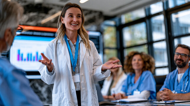 Digital health startup employee presenting a prescription digital therapeutics app clinical trial outcome data to hospital procurement officers in a modern luxury conference room with marble surface