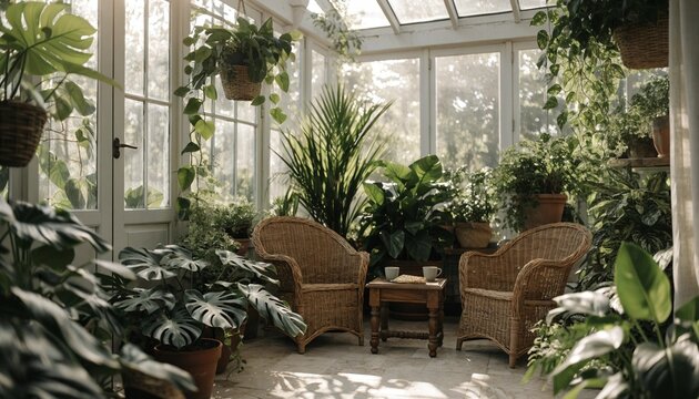 Lush glass sunroom conservatory filled with tropical houseplants, hanging vines, wicker armchairs and a small tea table, glowing with filtered daylight for serene botanical living space