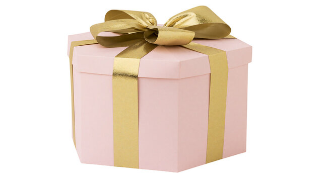 Pink hexagonal gift box with golden ribbon and bow, isolated on transparent background