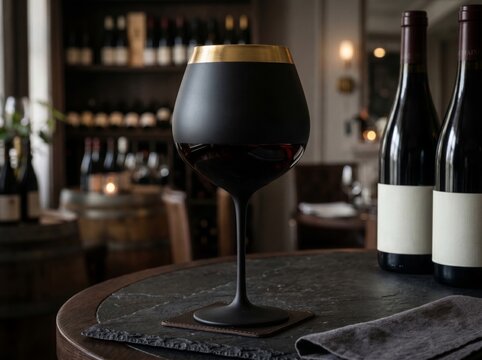 Red wine in matte black wine glass with gold rim on slate serving board