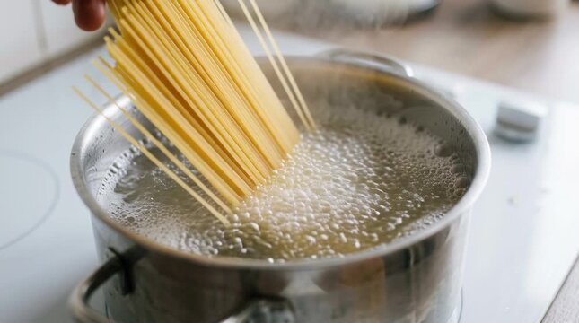 Close up of hand putting spaghetti into a metal pot of boiling water, steam rising, pasta cooking, culinary preparation, kitchen workflow