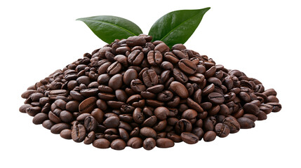 Obraz premium Heap of roasted coffee beans with green leaves, isolated on transparent background