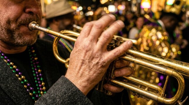 Close up of an older musician hands playing a shiny brass trumpet at a street jazz festival