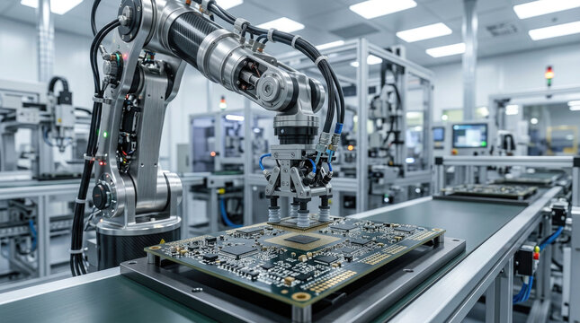 Advanced industrial robotic arm precision assembly of electronic circuit boards on an automated production line in a modern high tech smart factory