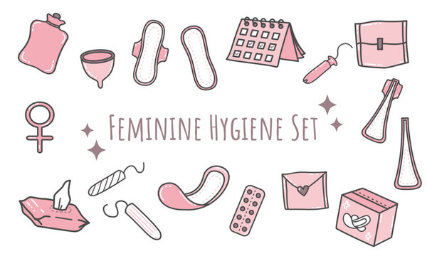 Feminine hygiene set with menstrual pads, tampons, menstrual cup and calendar. Hand drawn vector elements in pink colors.