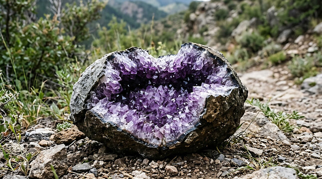 Large heart-shaped purple amethyst geode crystal on a rocky mountain path scene-9662f2ea-843e-4028-8456-258dc90a3a22_202607041924
