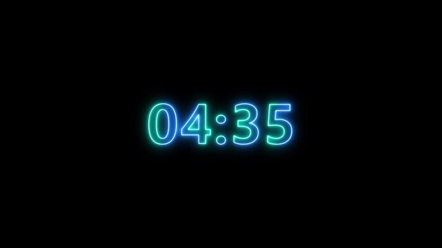 Animation of glowing neon icon ,5 minute countdown timer .5 minute stopwatch , analog icon animation .Dynamic 5 Minute Countdown Animation.