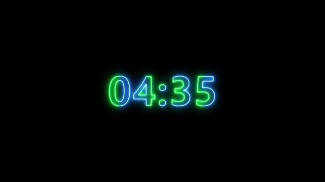 Animation of glowing neon icon ,5 minute countdown timer .5 minute stopwatch , analog icon animation .Dynamic 5 Minute Countdown Animation.