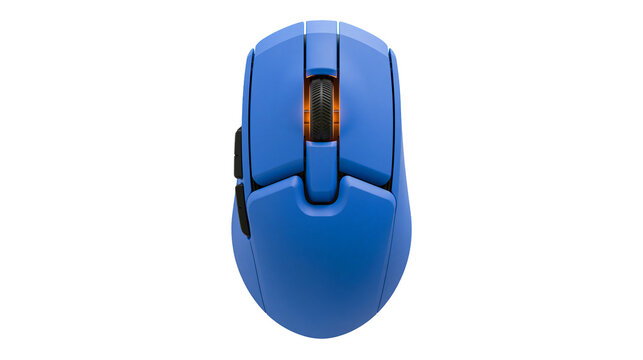 Blue gaming computer mouse with orange scroll wheel, isolated on transparent background