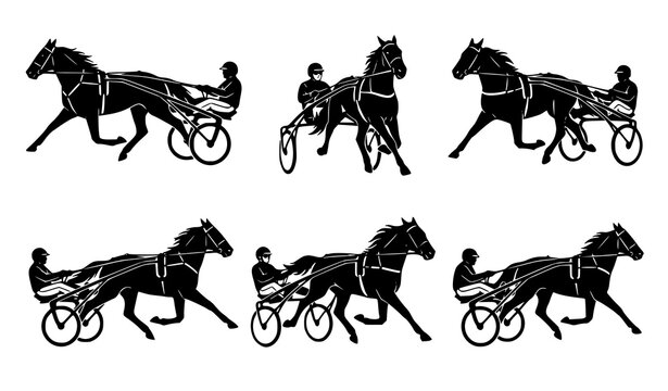 Harness Race Horse Silhouette Set with Sulky Driver and Equestrian Speed Vector