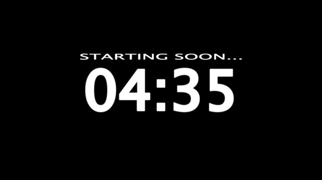 Starting soon Digital countdown clock timer in 5 minutes to zero second. White text number on isolated black background. Element for overlay concept. 4K footage motion video .