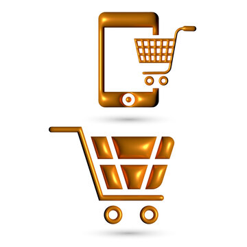 Metallic Gold E-Commerce Icons: Mobile Phone and Shopping Trolley 3D Illustration