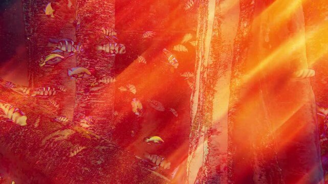 School of striped frontosa cichlid fish swimming among giant roots in an aquarium. Artist effect.