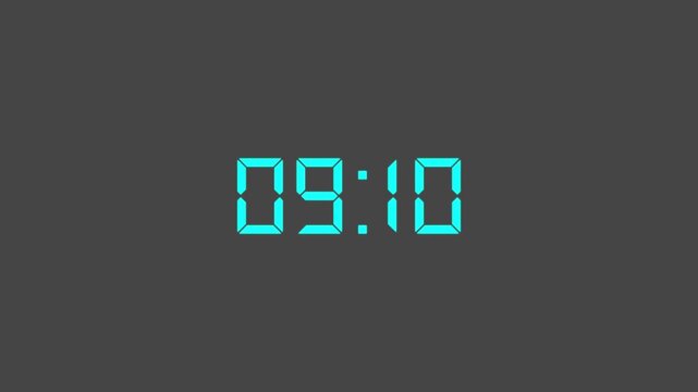 Digital countup clock timer in zero second to 10 minute. Green text number on isolated black background. Element for overlay concept. 10 minute countdown timer with black background.