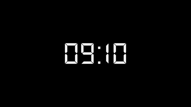 Digital countup clock timer in zero second to 10 minute. White text number on isolated black background. Element for overlay concept. 10 minute countdown timer with black background.