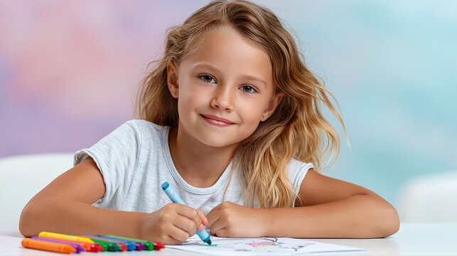 A cheerful child arranging colorful crayons on a well-lit desk with a gentle pastel background.