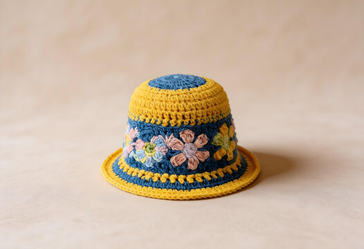 Colorful handmade crocheted bucket hat with floral designs