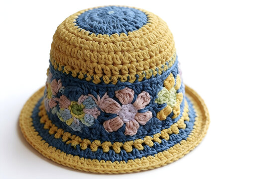 Colorful handmade crocheted bucket hat with floral designs.