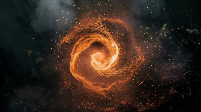 Fiery spiral vortex of glowing sparks, intense golden swirl of fire particles, dynamic motion energy, magical elemental effect, motion background