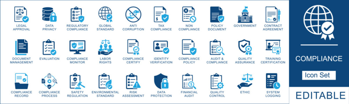 Compliance icon set. Featuring data privacy, regulatory policy, financial audit and law. Vector icons for corporate presentations