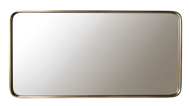 Rectangular mirror with rounded corners and thin gold frame, isolated on transparent background