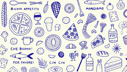 Slats personalizados para cozinha com sua foto Italian food sketches and handwritten phrases a blue toned vector illustration pattern for celebratory designs cuisine hand drawn