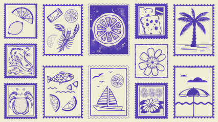 Collection Of Purple Vintage style Stamps Depicting Italian Vacation Imagery And Tropical Motifs postcard travel souvenir holiday © Bikas